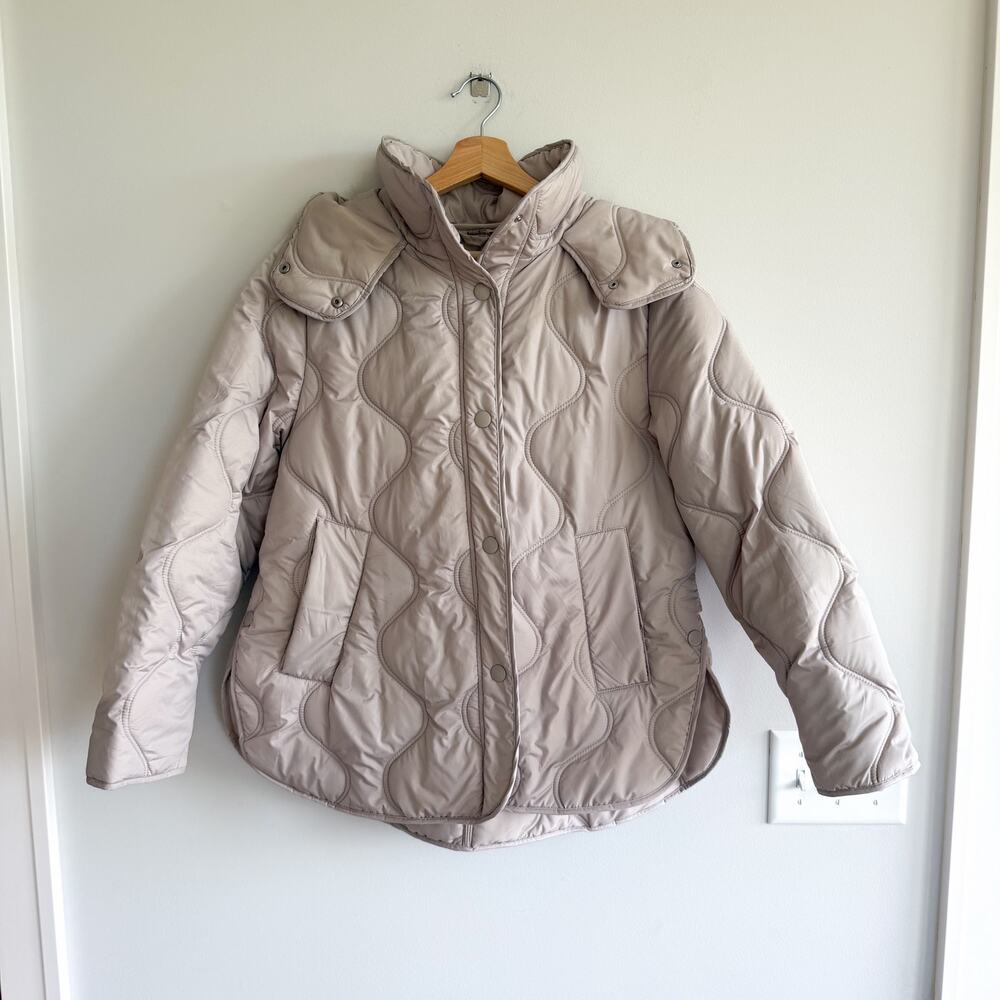 H&M Snap Front Hooded Insulated Winter Quilted Jacket Bone M